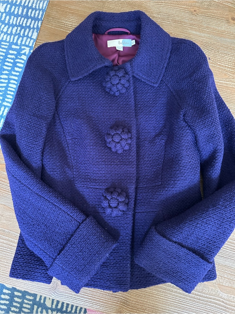 Boden Deep Purple Bouclé Jacket with Floral Button Details